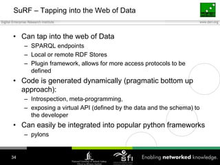SuRF – Tapping into the Web of DataCan tap into the web of DataSPARQL endpointsLocal or remote RDF StoresPlugin framework, allows for more access protocols to be definedCode is generated dynamically (pragmatic bottom up approach):Introspection, meta-programming, exposing a virtual API (defined by the data and the schema) to the developerCan easily be integrated into popular python frameworkspylons34