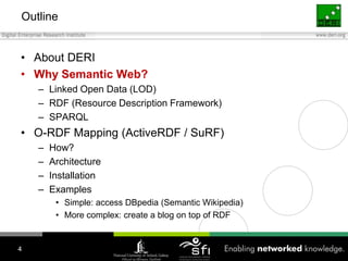 OutlineAbout DERIWhy Semantic Web?Linked Open Data (LOD)RDF (Resource Description Framework)SPARQLO-RDF Mapping (ActiveRDF / SuRF)How?ArchitectureInstallationExamplesSimple: access DBpedia (Semantic Wikipedia)More complex: create a blog on top of RDF4
