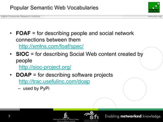 Popular Semantic Web VocabulariesFOAF = for describing people and social network connections between them   http://xmlns.com/foaf/spec/SIOC = for describing Social Web content created by people   http://sioc-project.org/DOAP = for describing software projects   http://trac.usefulinc.com/doapused by PyPi7