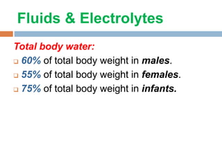 Fluids & Electrolytes
Total body water:
 60% of total body weight in males.
 55% of total body weight in females.
 75% of total body weight in infants.
 