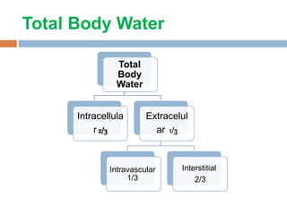Total Body Water
Total
Body
Water
Intracellula
r 2/3
Extracelul
ar 1/3
Intravascular
1/3
Interstitial
2/3
 