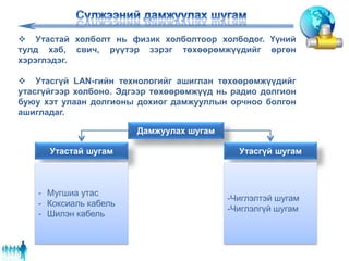  Утастай холболт нь физик холболтоор холбодог. Үүний
тулд хаб, свич, рүүтэр зэрэг төхөөрөмжүүдийг өргөн
хэрэглэдэг.
 Утасгүй LAN-гийн технологийг ашиглан төхөөрөмжүүдийг
утасгүйгээр холбоно. Эдгээр төхөөрөмжүүд нь радио долгион
буюу хэт улаан долгионы дохиог дамжууллын орчноо болгон
ашигладаг.
Дамжуулах шугам
Утастай шугам Утасгүй шугам
- Мугшиа утас
- Коксиаль кабель
- Шилэн кабель
-Чиглэлтэй шугам
-Чиглэлгүй шугам
 