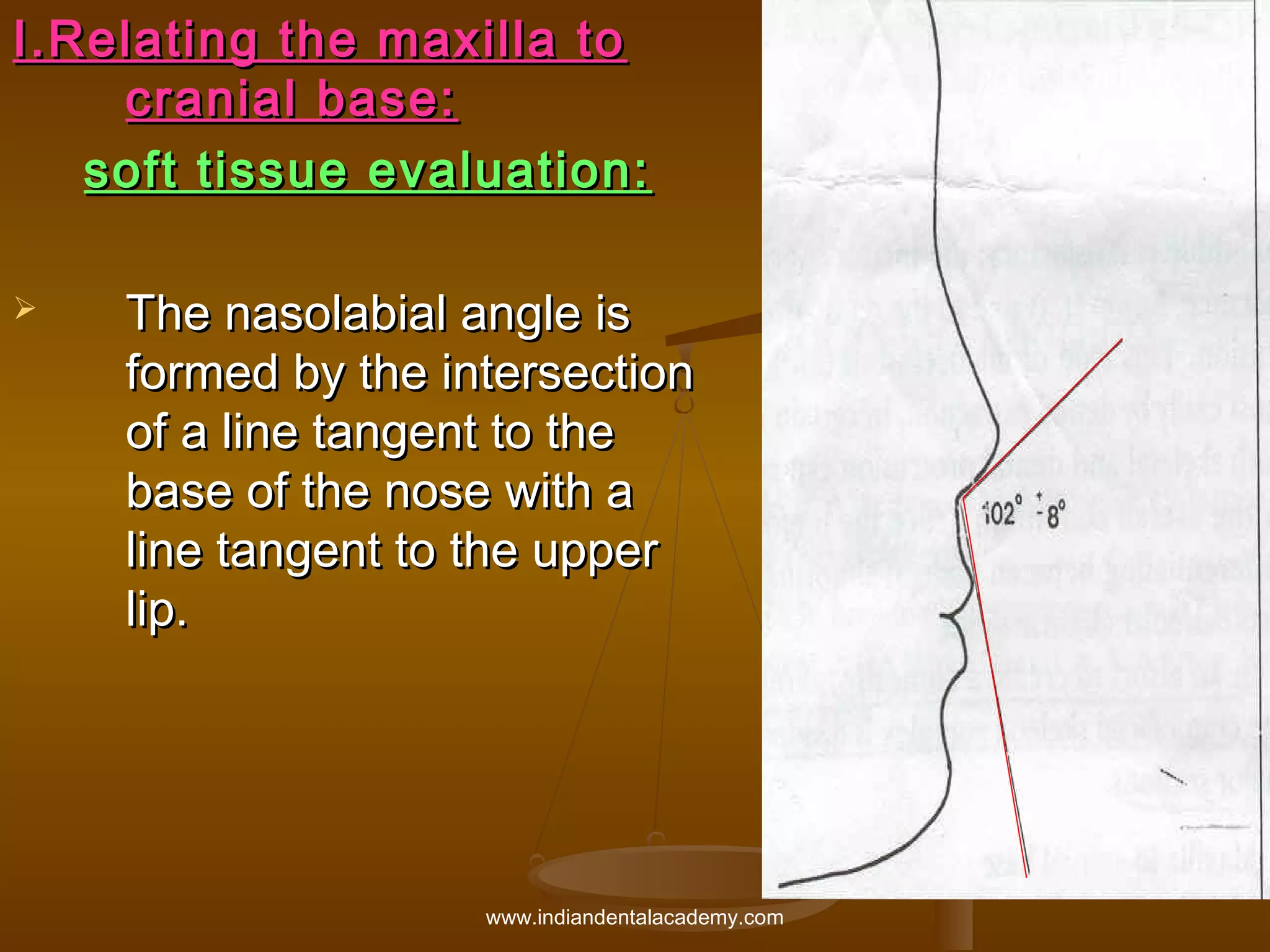 I.Relating the maxilla to
cranial base:
soft tissue evaluation:


The nasolabial angle is
formed by the intersection
of a line tangent to the
base of the nose with a
line tangent to the upper
lip.

www.indiandentalacademy.com

 