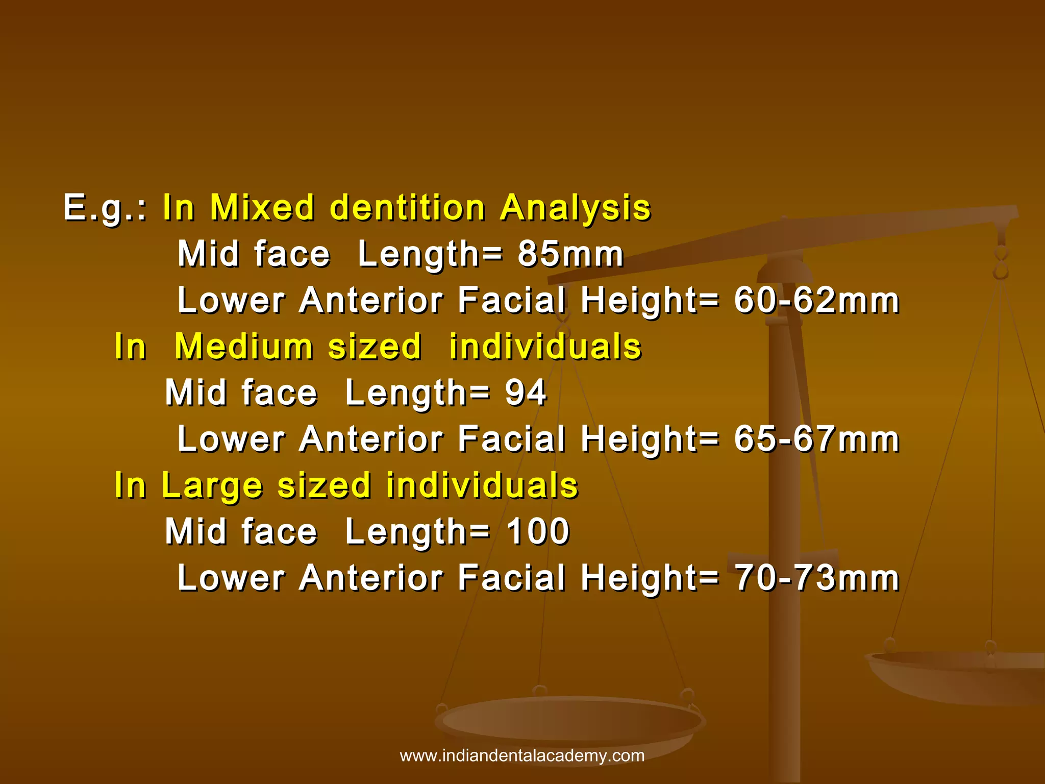 E.g.: In Mixed dentition Analysis
Mid face Length= 85mm
Lower Anterior Facial Height= 60-62mm
In Medium sized individuals
Mid face Length= 94
Lower Anterior Facial Height= 65-67mm
In Large sized individuals
Mid face Length= 100
Lower Anterior Facial Height= 70-73mm

www.indiandentalacademy.com

 