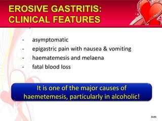 PEPTIC ULCER: TREATMENTAntacid – aluminium/Mg hydroxide, Mg TrisiclateMucosal protective agents – sucralfateProstaglandin analogues – misoprostolH2 receptor antagonist – cimetidine & ranitidineProton pump inhibitor – omeprazole & lansoprazoleH.pylori eradication		-  triple therapy :metronidazole,amoxycilin,erythromycinsurgery should be done if 		-failed medical treatment		-vagotomy, gastrectomy, pyloroplasty30/81