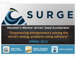 Houston’s Mentor-driven Seed Accelerator
“Empowering entrepreneurs solving the
world’s energy problems using software”
             SPRING 2012
 
