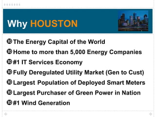 Why HOUSTON
 The Energy Capital of the World
 Home to more than 5,000 Energy Companies
 #1 IT Services Economy
 Fully Deregulated Utility Market (Gen to Cust)
 Largest Population of Deployed Smart Meters
 Largest Purchaser of Green Power in Nation
 #1 Wind Generation
 