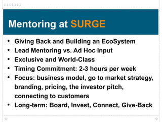 Mentoring at SURGE
•   Giving Back and Building an EcoSystem
•   Lead Mentoring vs. Ad Hoc Input
•   Exclusive and World-Class
•   Timing Commitment: 2-3 hours per week
•   Focus: business model, go to market strategy,
    branding, pricing, the investor pitch,
    connecting to customers
•   Long-term: Board, Invest, Connect, Give-Back
 