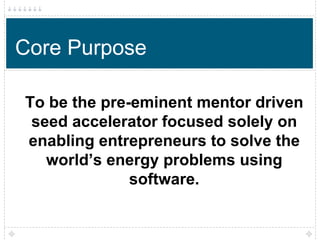 Core Purpose

To be the pre-eminent mentor driven
 seed accelerator focused solely on
enabling entrepreneurs to solve the
   world’s energy problems using
              software.
 