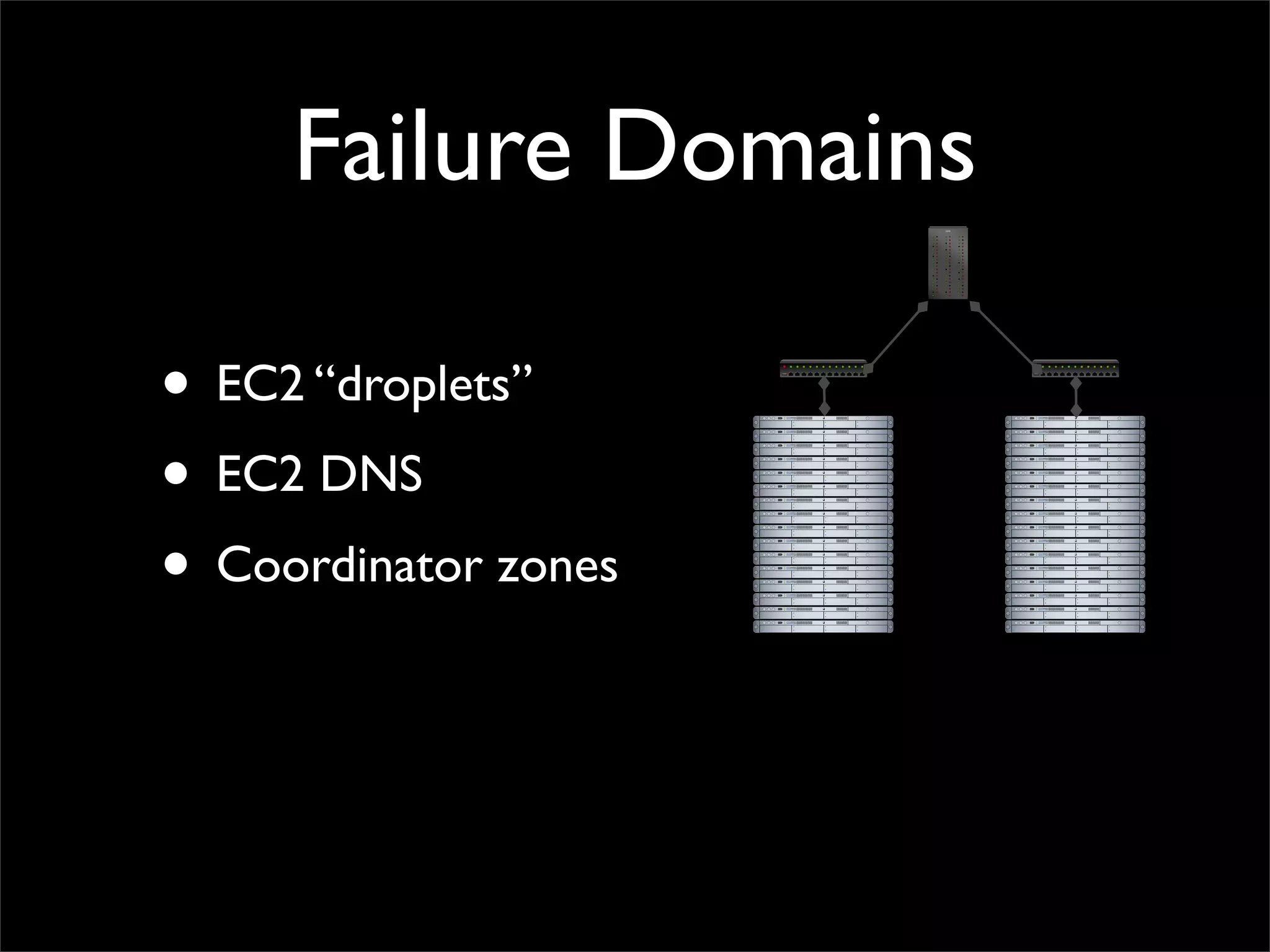 Failure Domains
• EC2 “droplets”
• EC2 DNS
• Coordinator zones
 