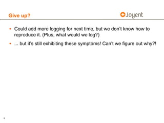Give up?

    • Could add more logging for next time, but we don’t know how to
      reproduce it. (Plus, what would we log?)
    • ... but it’s still exhibiting these symptoms! Can’t we figure out why?!

                                      Text
                                       Text




8
 