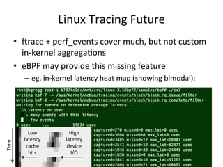 Linux 
Tracing 
Future 
• Vrace 
+ 
perf_events 
cover 
much, 
but 
not 
custom 
in-­‐kernel 
aggregaFons 
• eBPF 
may 
provide 
this 
missing 
feature 
– eg, 
in-­‐kernel 
latency 
heat 
map 
(showing 
bimodal): 
Low 
latency 
cache 
hits 
High 
latency 
device 
I/O 
Time 
 