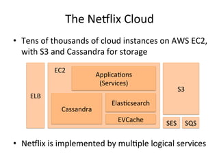 • Tens 
The 
Ne5lix 
Cloud 
of 
thousands 
of 
cloud 
instances 
on 
AWS 
EC2, 
with 
S3 
and 
Cassandra 
for 
storage 
• Ne5lix 
S3 
EC2 
Cassandra 
ApplicaFons 
(Services) 
EVCache 
is 
implemented 
by 
mulFple 
logical 
services 
ELB 
ElasFcsearch 
SES 
SQS 
 