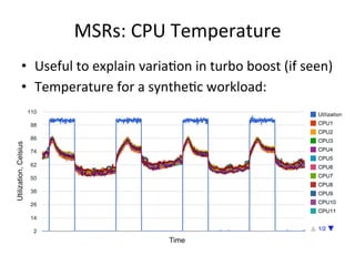 MSRs: 
CPU 
Temperature 
• Useful 
to 
explain 
variaFon 
in 
turbo 
boost 
(if 
seen) 
• Temperature 
for 
a 
syntheFc 
w...