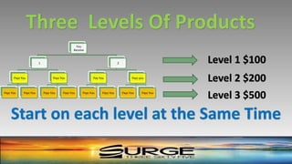 You
Receive
1
Pays You
Pays You Pays You
Pays You
Pays You Pays You
2
Pay You
Pays You Pays You
Pays you
Pays You Pays You
Three Levels Of Products
Level 1 $100
Level 2 $200
Level 3 $500
Start on each level at the Same Time
 