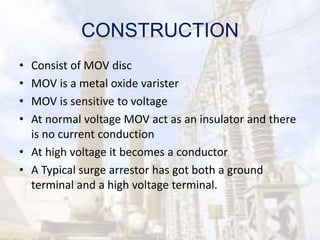 CONSTRUCTION
• Consist of MOV disc
• MOV is a metal oxide varister
• MOV is sensitive to voltage
• At normal voltage MOV act as an insulator and there
is no current conduction
• At high voltage it becomes a conductor
• A Typical surge arrestor has got both a ground
terminal and a high voltage terminal.
 