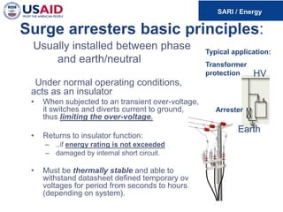 Surge arresters basic principles:
Usually installed between phase
and earth/neutral
Under normal operating conditions,
acts as an insulator
• When subjected to an transient over-voltage,
it switches and diverts current to ground,
thus limiting the over-voltage.
• Returns to insulator function:
– ..if energy rating is not exceeded
– damaged by internal short circuit.
• Must be thermally stable and able to
withstand datasheet defined temporary over-
voltages for period from seconds to hours,
(depending on system).
Typical application:
Transformer
protection
Earth
Arrester
HV
 