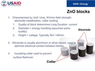 ZnO blocks
Electrode
Collar
1. Characterised by Uref, Ures, KV/mm field strength,
electrode metallization, collar coating.
1. Quality of block determines Long Duration current
2. Diameter = energy handling (assumes same
quality)
3. Height = voltage. Typically 3kV =40mm.
2. Electrode is usually aluminium or silver based, used to
optimise electrical contact between blocks.
3. Insulating collar used to prevent
surface flashover
 