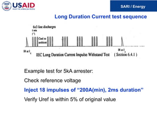 Long Duration Current test sequence
Example test for 5kA arrester:
Check reference voltage
Inject 18 impulses of “200A(min), 2ms duration”
Verify Uref is within 5% of original value
 