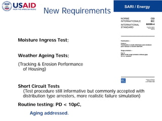 New Requirements
Moisture Ingress Test;
Weather Ageing Tests;
(Tracking & Erosion Performance
of Housing)
Short Circuit Tests
(Test procedure still informative but commonly accepted with
distribution type arresters, more realistic failure simulation)
Routine testing: PD < 10pC,
Aging addressed.
 