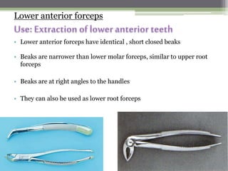 Lower anterior forceps
• Lower anterior forceps have identical , short closed beaks
• Beaks are narrower than lower molar forceps, similar to upper root
forceps
• Beaks are at right angles to the handles
• They can also be used as lower root forceps
 
