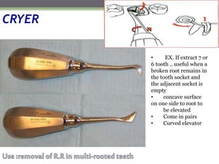 CRYER
• EX. If extract 7 or
6 tooth .. useful when a
broken root remains in
the tooth socket and
the adjacent socket is
empty
• concave surface
on one side to root to
be elevated
• Come in pairs
• Curved elevator
 