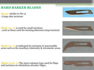 BARD BARKER BLADES
Blade no. 11 is used for small incisions
, such as those used for incising abscesses (stap incision)
Blade no. 12 is indicated for incisions in inaccessible
areas such as the maxillary tuberosity & retromolar areas.
Blade is no. 15 The most common type used for flaps
and incisions on edentulous alveolar ridges.
No.10- similar to No.15
oLarge skin incisions
 