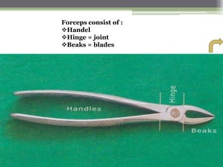 Forceps consist of :
Handel
Hinge = joint
Beaks = blades
 
