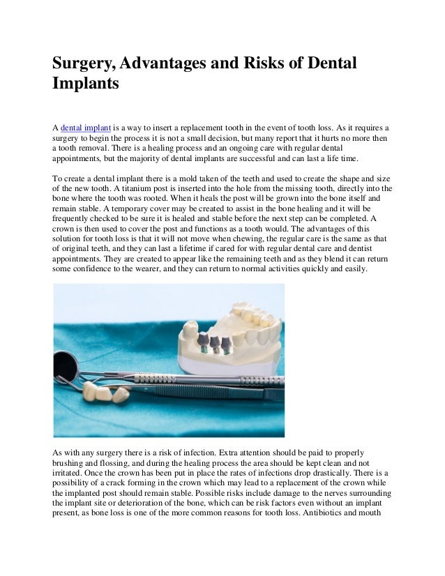 Surgery, Advantages and Risks of Dental Implants