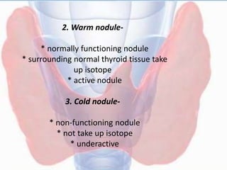 2. Warm nodule-
* normally functioning nodule
* surrounding normal thyroid tissue take
up isotope
* active nodule
3. Cold nodule-
* non-functioning nodule
* not take up isotope
* underactive
 