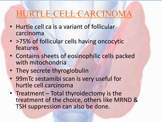 HURTLE CELL CARCINOMA
• Hurtle cell ca is a variant of follicular
carcinoma
• >75% of follicular cells having oncocytic
features
• Contains sheets of eosinophilic cells packed
with mitochondria
• They secrete thyroglobulin
• 99mTc sestamibi scan is very useful for
hurtle cell carcinoma
• Treatment – Total thyroidectomy is the
treatment of the choice, others like MRND &
TSH suppression can also be done.
 