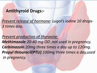 • In early stage of disease ,TSH is decreased and TG,T4 and
T3 levels are elevated due to release of preformed thyroid
hor...
