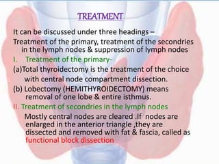 • Here, about 8gm ,or
tissue, size of pulp of
finger, is retained on lower
pole of thyroid on both
sides and rest of thyro...