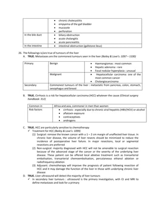 •     chronic cholecystitis
                             •     empyema of the gall bladder
                             •     mucocele
                             •     perforation
    In the bile duct         •     biliary obstruction
                             •     acute cholangitis
                             •     acute pancreatitis
    In the intestine         •     intestinal obstruction (gallstone ileus)

26. The followings is/are true of tumours of the liver
    A. TRUE. Metastases are the commonest tumours seen in the liver (Bailey & Love’s: 1097 – 1100)

    Primary               Benign                                •
                                                              Haemangiomas : most common
                                                                •
                                                              Hepatic adenoma : rare
                                                                •
                                                              Focal nodular hyperplasia : unusual
                          Malignant                             •
                                                               Hepatocellular carcinoma: one of the
                                                              most common cancer
                                                           • Cholangiocarcinoma
    Secondary             Commonest tumours of the liver : metastatic from pancreas, colon, stomach,
                          oesophagus and breast

   B. TRUE. Cirrhosis is a risk for hepatocellular carcinoma (HCC) whatever the cause (Clinical surgery
      handbook: 312)

        Common in            Africa and asia, commoner in men than women
        Risk factors             • cirrhosis : especially due to chronic viral hepatitis (HBV/HCV) or alcohol
                                 • aflatoxin exposure
                                 • contraceptives
                                 • androgens

   C. TRUE. HCC are particularly sensitive to chemotherapy
       Treatment for HCC (Bailey & Love’s: 1099)
         (1) Surgical: remove the known cancer with a 1 – 2 cm margin of unaffected liver tissue. In
              chronic liver disease, the volume of liver resects should be minimized to reduce the
              incidence of postoperative liver failure. In major resections, local or segmental
              resections are preferred
         (2) Non-surgical: majority diagnosed with HCC will not be amenable to surgical resection
              because of the advanced stage of the cancer or the severity of the underlying liver
              disease. These patient can be offered local ablative treatment such as transarterial
              embolisation, transarterial chemoembolisation, percutaneous ethanol ablation or
              radiofrequency ablation
         (3) Adjuvant: chemotherapy will improve the prognosis of patient following resection of
              HCC and it may damage the function of the liver in those with underlying chronic liver
              disease
   D. TRUE. Liver ultrasound will detect the majority of liver tumours
       In secondary liver tumours : ultrasound is the primary investigation, with Ct and MRI to
         define metastases and look for a primary
 