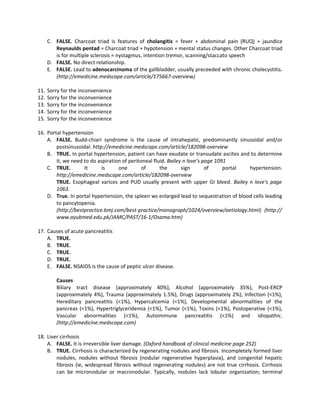 C. FALSE. Charcoat triad is features of cholangitis = fever + abdominal pain (RUQ) + jaundice
         Reynaulds pentad = Charcoat triad + hypotension + mental status changes. Other Charcoat triad
         is for multiple sclerosis = nystagmus, intention tremor, scanning/staccato speech
      D. FALSE. No direct relationship.
      E. FALSE. Lead to adenocarcinoma of the gallbladder, usually preceeded with chronic cholecystitis.
         (http://emedicine.medscape.com/article/175667-overview)

11.   Sorry for the inconvenience
12.   Sorry for the inconvenience
13.   Sorry for the inconvenience
14.   Sorry for the inconvenience
15.   Sorry for the inconvenience

16. Portal hypertension
    A. FALSE. Budd-chiari syndrome is the cause of intrahepatic, predominantly sinusoidal and/or
        postsinusoidal. http://emedicine.medscape.com/article/182098-overview
    B. TRUE. In portal hypertension, patient can have exudate or transudate ascites and to determine
        it, we need to do aspiration of peritoneal fluid. Bailey n love’s page 1091
    C. TRUE.        It      is     one        of      the       sign       of     portal hypertension.
        http://emedicine.medscape.com/article/182098-overview
        TRUE. Esophageal varices and PUD usually present with upper GI bleed. Bailey n love’s page
        1063.
    D. True. In portal hypertension, the spleen ws enlarged lead to sequestration of blood cells leading
        to pancytopenia.
        (http://bestpractice.bmj.com/best-practice/monograph/1024/overview/aetiology.html) (http://
        www.ayubmed.edu.pk/JAMC/PAST/16-1/Osama.htm)

17. Causes of acute pancreatitis
    A. TRUE.
    B. TRUE.
    C. TRUE.
    D. TRUE.
    E. FALSE. NSAIDS is the cause of peptic ulcer disease.

         Causes
         Biliary tract disease (approximately 40%), Alcohol (approximately 35%), Post-ERCP
         (approximately 4%), Trauma (approximately 1.5%), Drugs (approximately 2%), Infection (<1%),
         Hereditary pancreatitis (<1%), Hypercalcemia (<1%), Developmental abnormalities of the
         pancreas (<1%), Hypertriglyceridemia (<1%), Tumor (<1%), Toxins (<1%), Postoperative (<1%),
         Vascular abnormalities (<1%), Autoimmune pancreatitis (<1%) and idiopathic.
         (http://emedicine.medscape.com)

18. Liver cirrhosis
    A. FALSE. It is irreversible liver damage. (Oxford handbook of clinical medicine page 252)
    B. TRUE. Cirrhosis is characterized by regenerating nodules and fibrosis. Incompletely formed liver
        nodules, nodules without fibrosis (nodular regenerative hyperplasia), and congenital hepatic
        fibrosis (ie, widespread fibrosis without regenerating nodules) are not true cirrhosis. Cirrhosis
        can be micronodular or macronodular. Typically, nodules lack lobular organization; terminal
 