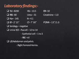  TLC–8200 Hb–13.5 ESR–10
 RBS–80 Urea–31 Creatinine–1.0
 Na+- 145 K+-4.1
 BT–2’15” CT–7’30” PT/INR–13”/1.0
 Serology–negative
 Urine R/E–Puscell–12to 14
- Epithelialcell–1to3
- RBC–nil
 U/SAabdomenandpelvis.
- RightFemoralHernia.
 