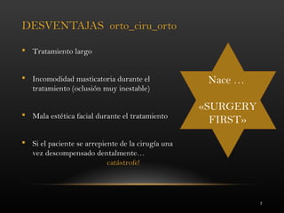 5
DESVENTAJAS orto_ciru_orto
 Tratamiento largo
 Incomodidad masticatoria durante el
tratamiento (oclusión muy inestable)
 Mala estética facial durante el tratamiento
 Si el paciente se arrepiente de la cirugía una
vez descompensado dentalmente…
catástrofe!
Nace …
«SURGERY
FIRST»
 