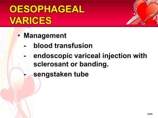OESOPHAGEAL VARICESManagement	-	blood transfusion	-	endoscopic variceal injection with 	sclerosant or banding.	-	sengstaken tube19/81