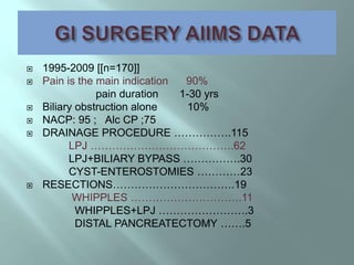  1995-2009 [[n=170]]
 Pain is the main indication 90%
pain duration 1-30 yrs
 Biliary obstruction alone 10%
 NACP: 95 ; Alc CP ;75
 DRAINAGE PROCEDURE …………….115
LPJ ………………………………….62
LPJ+BILIARY BYPASS …………….30
CYST-ENTEROSTOMIES …………23
 RESECTIONS…………………………….19
WHIPPLES ………………………….11
WHIPPLES+LPJ …………………….3
DISTAL PANCREATECTOMY …….5
 