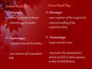 Limbus-Based Flap 
 Advantages: 
• allows tight wound closure. 
• relatively easy to master. 
 Disadvantages: 
• ‘migrates’ towards the limbus. 
• more chances of incapsulated 
bleb. 
Fornix-Based Flap 
 Advantages: 
• easier exposure of the surgical site 
• reduced handling of the 
conjunctival flap. 
 Disadvantages: 
• longer operative time. 
• may leak in the postoperative 
period and fail to retain aqueous, 
so that the bleb flattens. 
 