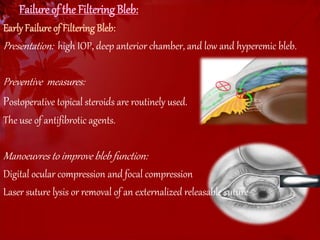 Failure of the Filtering Bleb: 
Early Failure of Filtering Bleb: 
Presentation: high IOP, deep anterior chamber, and low and hyperemic bleb. 
Preventive measures: 
Postoperative topical steroids are routinely used. 
The use of antifibrotic agents. 
Manoeuvres to improve bleb function: 
Digital ocular compression and focal compression 
Laser suture lysis or removal of an externalized releasable suture 
 