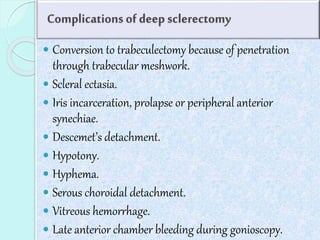 Complications of deep sclerectomy 
 Conversion to trabeculectomy because of penetration 
through trabecular meshwork. 
 Scleral ectasia. 
 Iris incarceration, prolapse or peripheral anterior 
synechiae. 
 Descemet’s detachment. 
 Hypotony. 
 Hyphema. 
 Serous choroidal detachment. 
 Vitreous hemorrhage. 
 Late anterior chamber bleeding during gonioscopy. 
 
