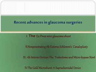 Recent advances in glaucoma surgeries 
I. The Ex-Press mini glaucoma shunt 
II.Nonpenetrating Ab Externo Schlemm’s Canaloplasty 
III.Ab Interno Devices: The Trabectome and Micro-bypass Stent 
IV.The Gold Microshunt: A Suprachoroidal Device 
 