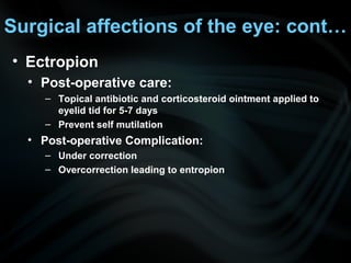 Surgical affections of the eye: cont…
• Ectropion
• Post-operative care:
– Topical antibiotic and corticosteroid ointment applied to
eyelid tid for 5-7 days
– Prevent self mutilation
• Post-operative Complication:
– Under correction
– Overcorrection leading to entropion
 