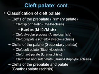 Cleft palate: cont…
• Classification of cleft palate
– Clefts of the prepalate (Primary palate)
• Cleft lip or harelip (Cheiloschisis)
–Read as (kĭ-lŏs′kĭ-sĭs)
• Cleft alveolar process (Alveoloschisis)
• Cleft prepalate (Cheilo+alveolo+schisis)
– Clefts of the palate (Secondary palate)
• Cleft soft palate (Staphyloschisis)
• Cleft hard palate (Uranoschisis)
• Cleft hard and soft palate (Urano+staphylo+schisis)
– Clefts of the prepalate and palate
(Gnatho+palato+schisis)
 