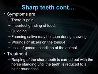 Sharp teeth cont…
• Symptoms are
– There is pain.
– Imperfect grinding of food.
– Quidding.
– Foaming saliva may be seen during chewing
– Wounds or ulcers on the tongue
– Loss of general condition of the animal
• Treatment
– Rasping of the sharp teeth is carried out with the
horse standing until the teeth is reduced to a
blunt roundness
 