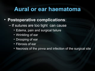 • Postoperative complications:
– If sutures are too tight can cause
• Edema, pain and surgical failure
• Wrinkling of ear
• Drooping of ear
• Fibrosis of ear
• Necrosis of the pinna and infection of the surgical site
Aural or ear haematoma
 