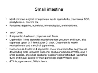 Small intestine Most common surgical emergencies, acute appendicitis, mechanical SBO, paralytic ileus, Crohn’s Ds. Functions: digestive, nutritional, immunological, and endocrine. ANATOMY: 3 segments: duodenum, yeyunum and ileum. Ligament of Treitz separates duodenum from yeyunum and ileum, also separates upper GIT from Lower GI track. Duodenum is mostly retroperitoneal and is encircling pancreas. Duodenum is divided in 4 segments: one of most important segments is descending there is located duodenal papilla or ampulla of Vater, also 2 small papillas, one small papilla for accesory pancreatic duct (Santorino duct) and mayor papilla for main pancreatic duct (Wirsung duct)  40% is yeyunum and 60% is ileum. 