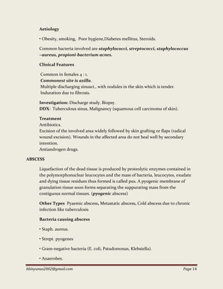 bbinyunus2002@gmail.com Page 14
Aetiology
• Obesity, smoking, Poor hygiene,Diabetes mellitus, Steroids.
Common bacteria involved are staphylococci, streptococci, staphylococcus
~aureus, propioni-bacterium acnes.
Clinical Features
Common in females 4 : 1.
Commonest site is axilla.
Multiple discharging sinusct., with nodules in the skin which is tender.
Induration due to fibrosis.
Investigation: Discharge study, Biopsy.
DDX: Tuberculous sinus, Malignancy (squamous cell carcinoma of skin).
Treatment
Antibiotics.
Excision of the involved area widely followed by skin grafting or flaps (radical
wound excision). Wounds in the affected area do not heal well by secondary
intention.
Antiandrogen drugs.
ABSCESS
Liquefaction of the dead tissue is produced by proteolytic enzymes contained in
the polymorphonuclear leucocytes and the mass of bacteria, leucocytes, exudate
and dying tissue residues thus formed is called pus. A pyogenic membrane of
granulation tissue soon forms separating the suppurating mass from the
contiguous normal tissues. (pyogenic abscess)
Other Types Pyaemic abscess, Metastatic abscess, Cold abscess due to chronic
infection like tuberculosis
Bacteria causing abscess
• Staph. aureus.
• Strept. pyogenes
• Gram-negative bacteria (E. coli, Pstudomonas, Klebsiella).
• Anaerobes.
 