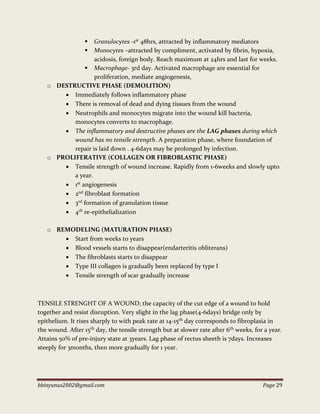bbinyunus2002@gmail.com Page 29
 Granulocytes -1st 48hrs, attracted by inflammatory mediators
 Monocytes –attracted by compliment, activated by fibrin, hypoxia,
acidosis, foreign body. Reach maximum at 24hrs and last for weeks.
 Macrophage- 3rd day. Activated macrophage are essential for
proliferation, mediate angiogenesis,
o DESTRUCTIVE PHASE (DEMOLITION)
 Immediately follows inflammatory phase
 There is removal of dead and dying tissues from the wound
 Neutrophils and monocytes migrate into the wound kill bacteria,
monocytes converts to macrophage.
 The inflammatory and destructive phases are the LAG phases during which
wound has no tensile strength. A preparation phase, where foundation of
repair is laid down . 4-6days may be prolonged by infection.
o PROLIFERATIVE (COLLAGEN OR FIBROBLASTIC PHASE)
 Tensile strength of wound increase. Rapidly from 1-6weeks and slowly upto
a year.
 1st angiogenesis
 2nd fibroblast formation
 3rd formation of granulation tissue
 4th re-epithelialization
o REMODELING (MATURATION PHASE)
 Start from weeks to years
 Blood vessels starts to disappear(endarteritis obliterans)
 The fibroblasts starts to disappear
 Type III collagen is gradually been replaced by type I
 Tensile strength of scar gradually increase
TENSILE STRENGHT OF A WOUND; the capacity of the cut edge of a wound to hold
together and resist disruption. Very slight in the lag phase(4-6days) bridge only by
epithelium. It rises sharply to with peak rate at 14-15th day corresponds to fibroplasia in
the wound. After 15th day, the tensile strength but at slower rate after 6th weeks, for a year.
Attains 50% of pre-injury state at 3years. Lag phase of rectus sheeth is 7days. Increases
steeply for 3months, then more gradually for 1 year.
 